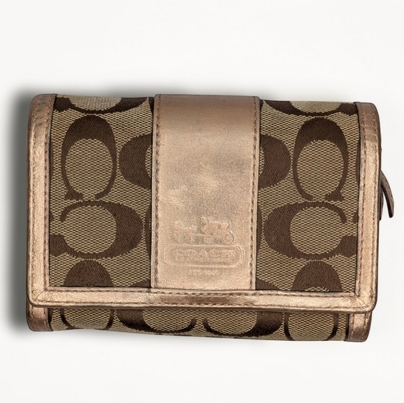 Coach Wallet Signature Canvas Trifold Khaki Brown Rose Gold Metallic Leather - Picture 3 of 14